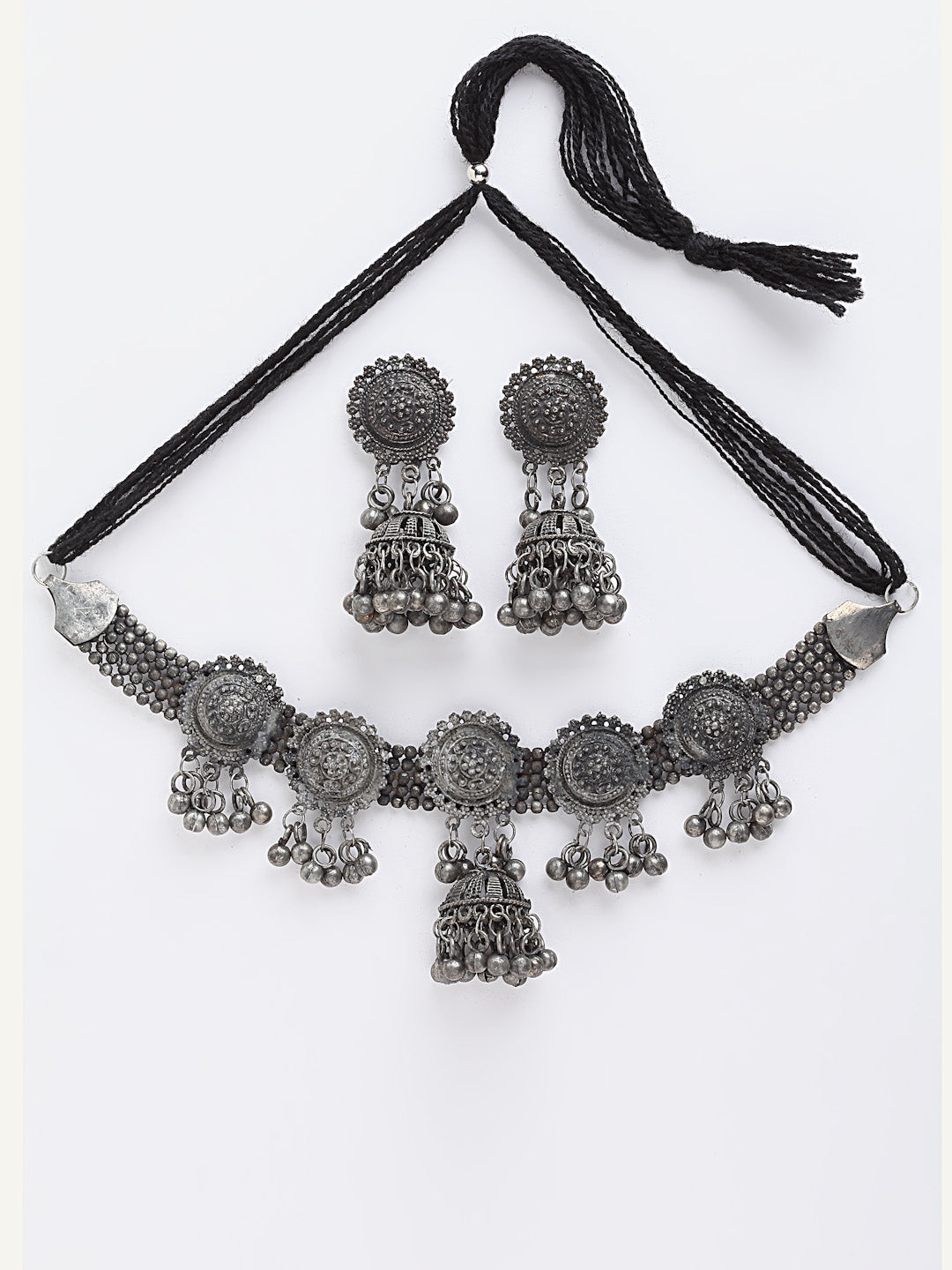 Arrabi Metallic Oxidised Jewellery Set with 2 Earrings (40 cm)