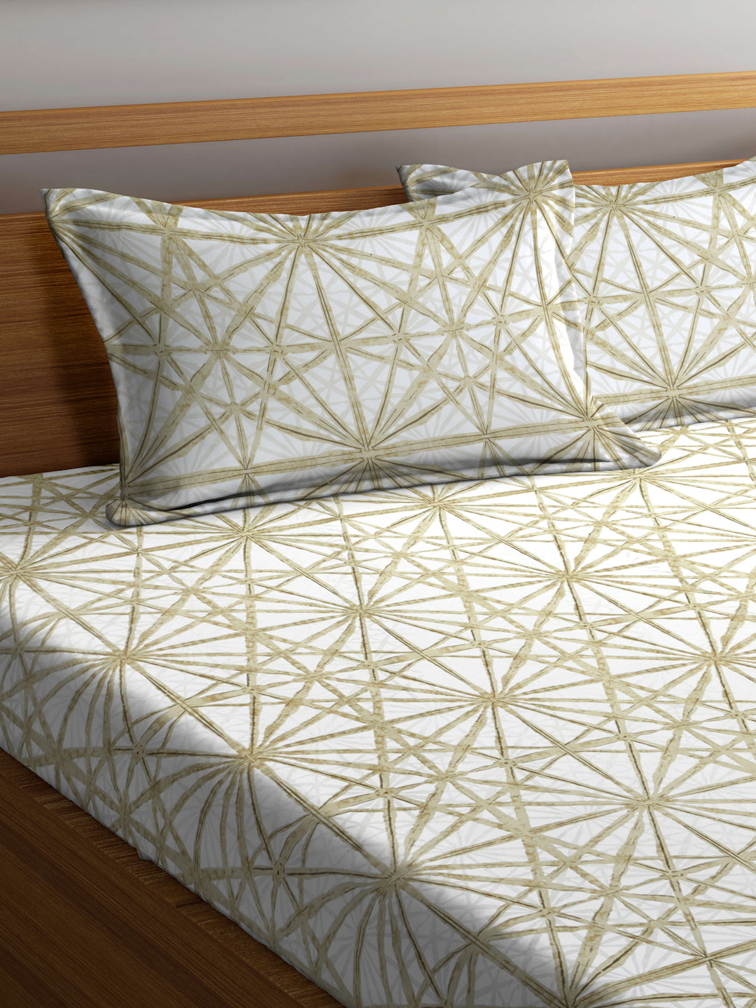 Arrabi Beige Graphic TC Cotton Blend King Size Bedsheet with 2 Pillow Covers (250 X 215 cm)