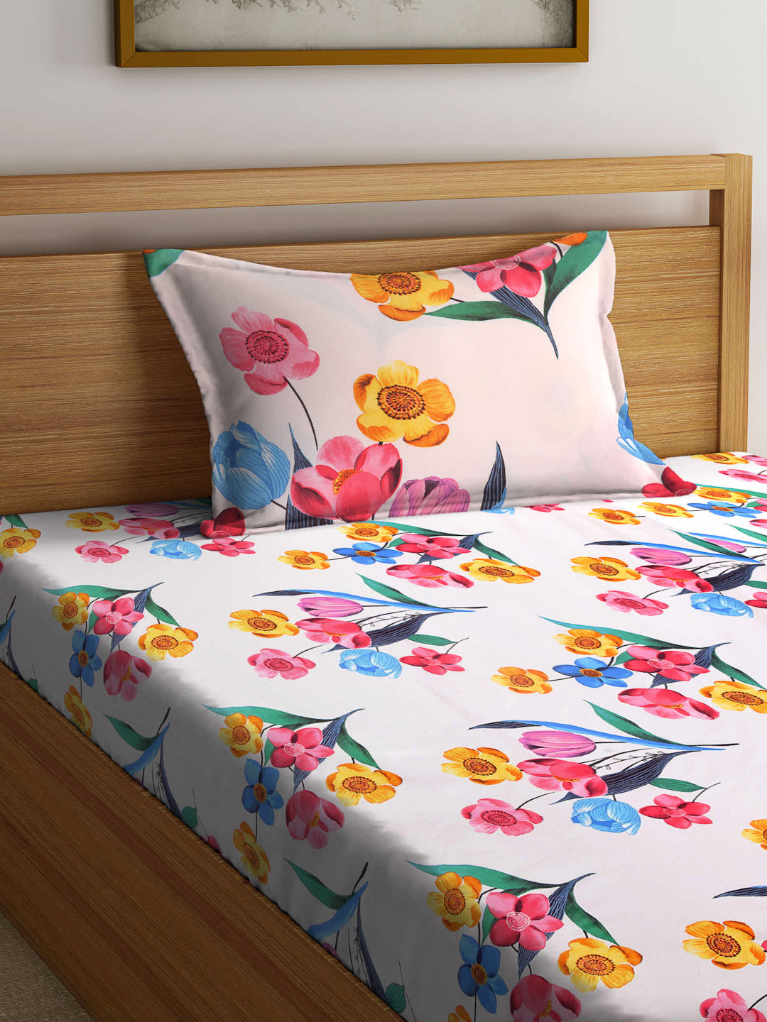 Arrabi Pink Floral TC Cotton Blend Single Size Fitted Bedsheet with 1 Pillow Cover (220 X 150 cm)