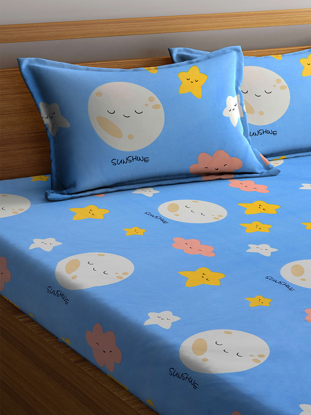 Arrabi Blue Moon & Star TC Cotton Blend King Size Bedsheet with 2 Pillow Cover (255 x 225 cm)