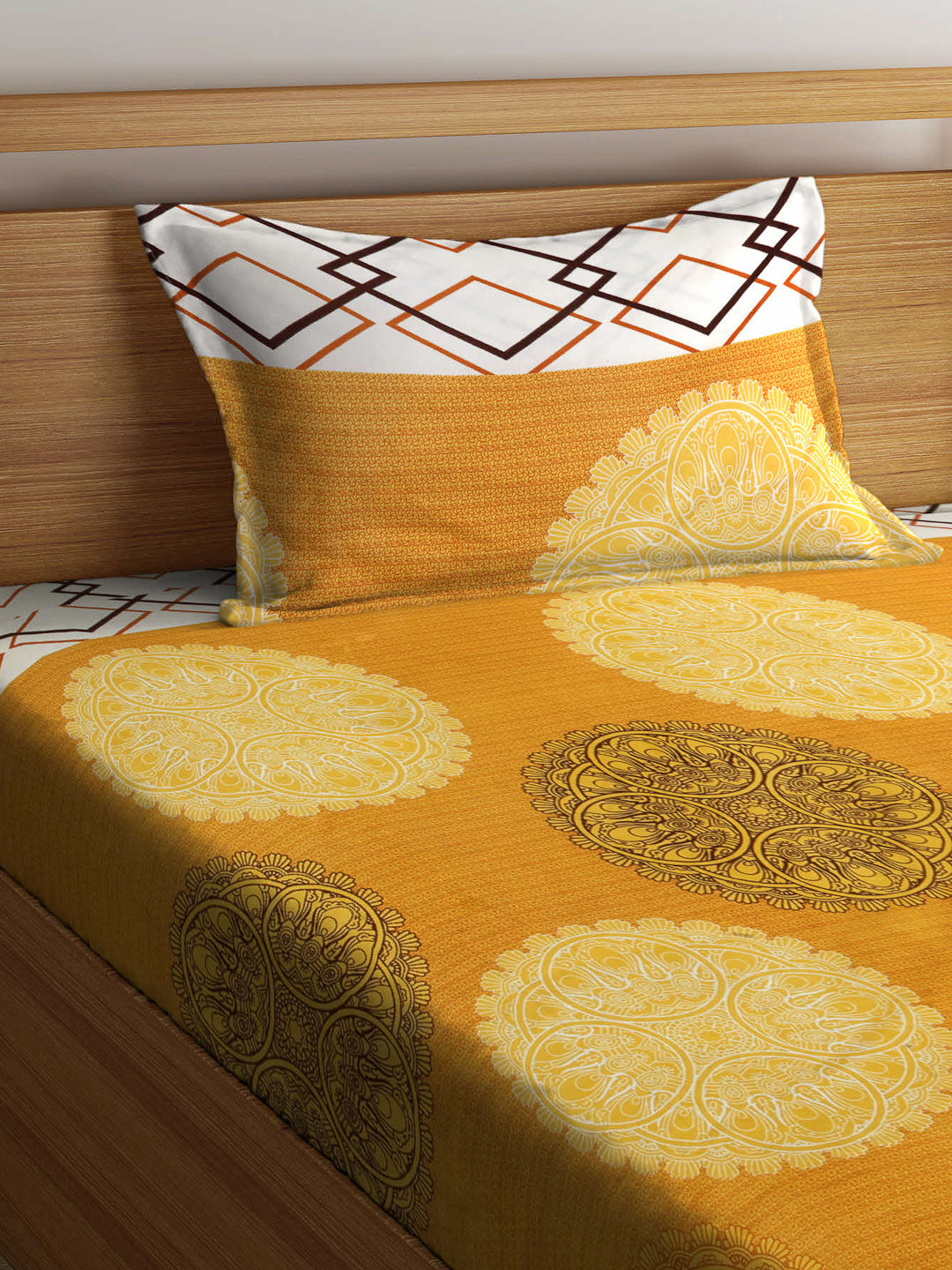 Arrabi Yellow Indian TC Cotton Blend Single Size Fitted Bedsheet with 1 Pillow Cover (220 X 150 cm)