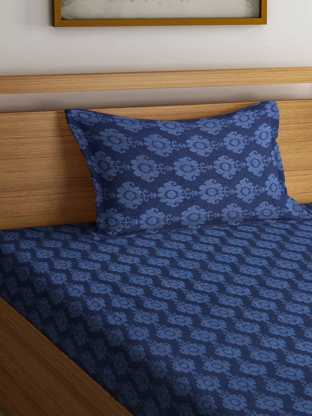 Arrabi Blue Indian Handwoven Cotton Single Size Bedsheet with 1 Pillow Cover (230 X 150 cm)
