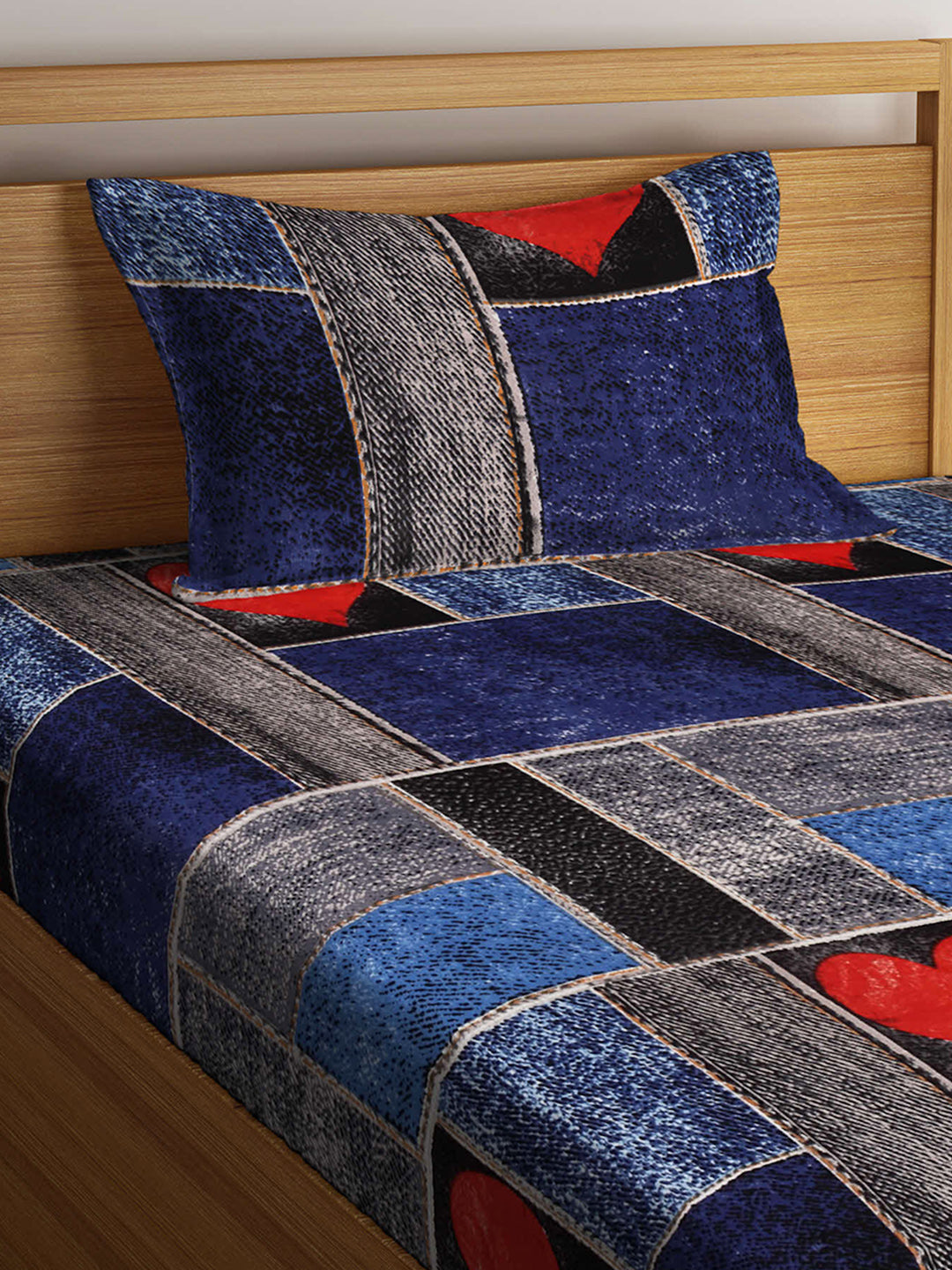 Arrabi Blue Graphic TC Cotton Blend Single Size Fitted Bedsheet with 1 Pillow Cover (220 X 150 cm)