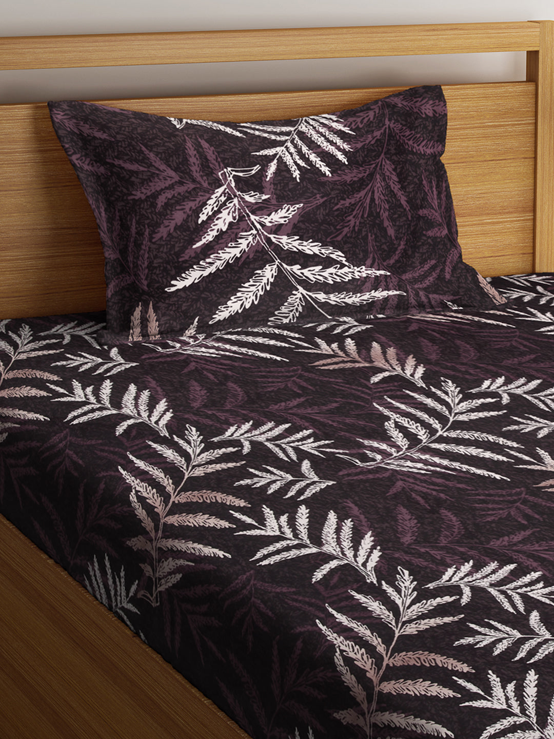 Arrabi Brown Leaf TC Cotton Blend  Single Size Bedsheet with 1 Pillow Cover (220 X 150 cm)