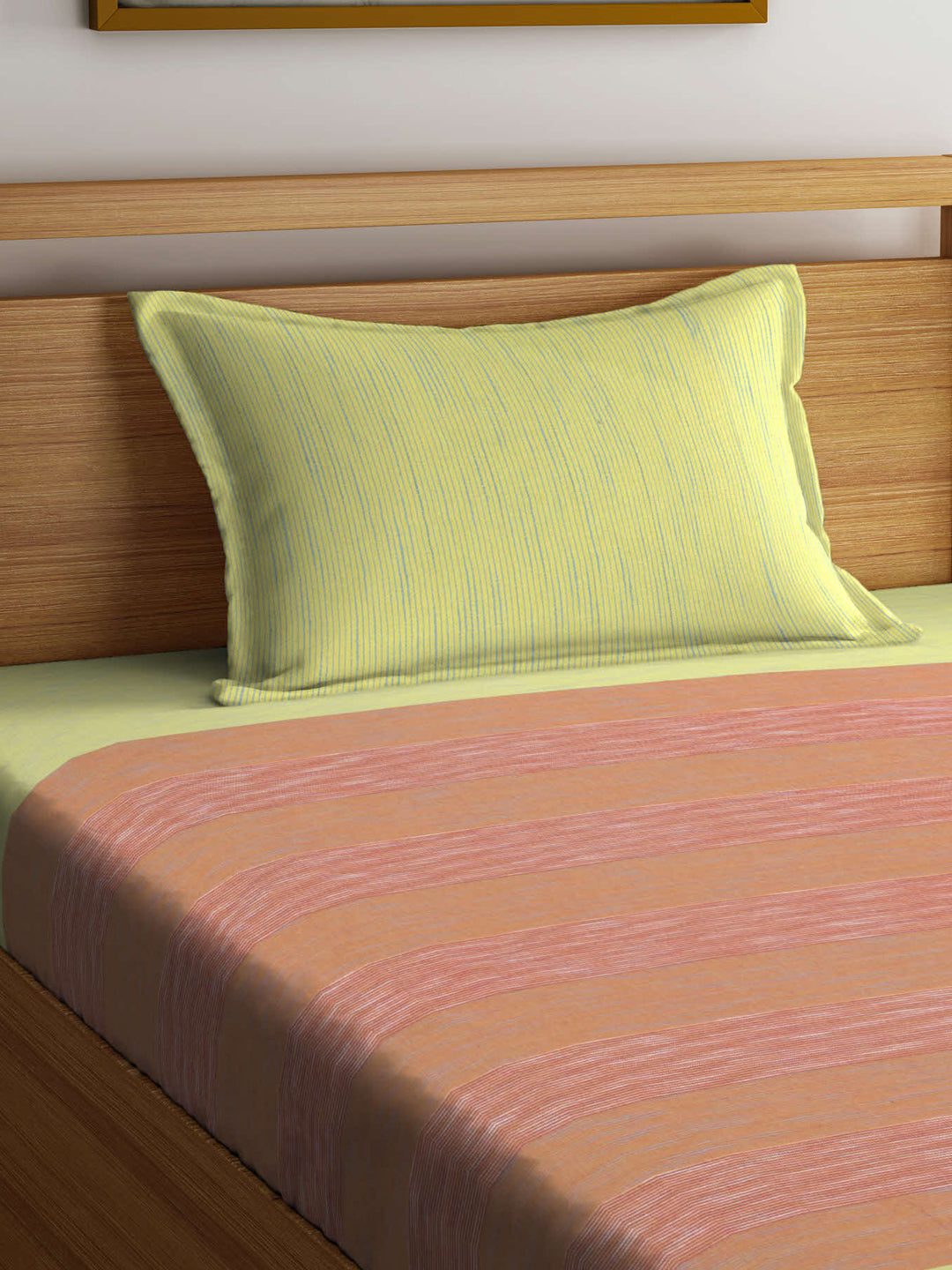 Arrabi Yellow Stripes Handwoven Cotton Single Size Bedsheet with 1 Pillow Cover ( 220 X 150 cm)