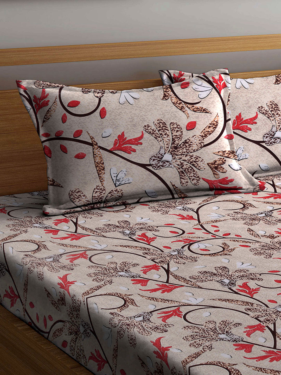 Arrabi Brown Floral TC Cotton Blend Double Size Bedsheet with 2 Pillow Cover