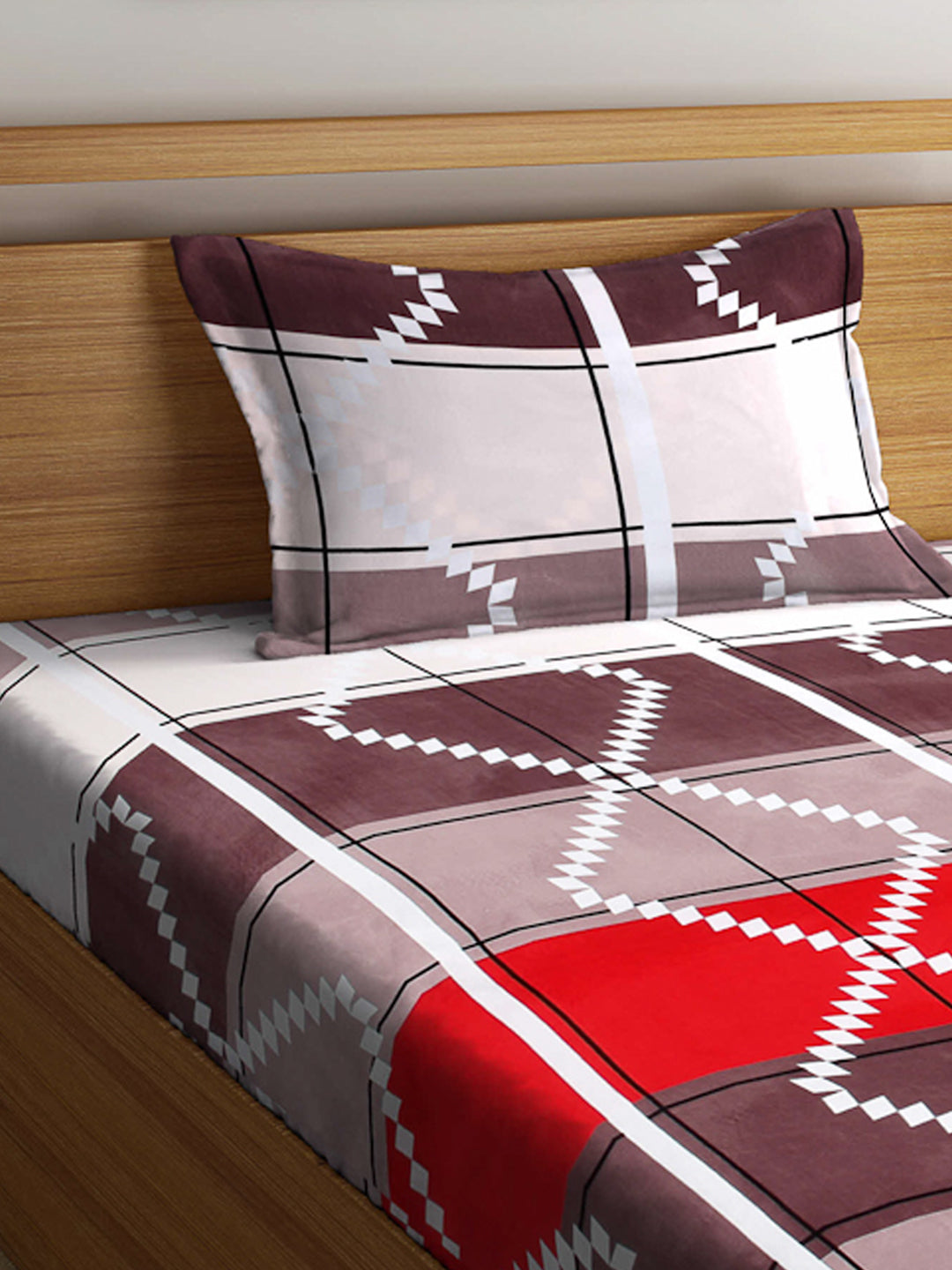 Arrabi Multi Geometric TC Cotton Blend Single Size Fitted Bedsheet with 1 Pillow Cover (220 X 150 cm)