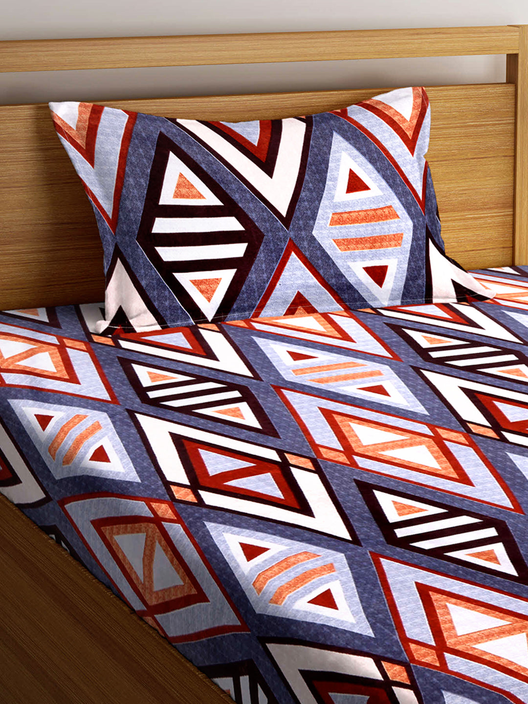 Arrabi Multi Geometric TC Cotton Blend Single Size Fitted Bedsheet with 1 Pillow Cover (220 X 150 cm)