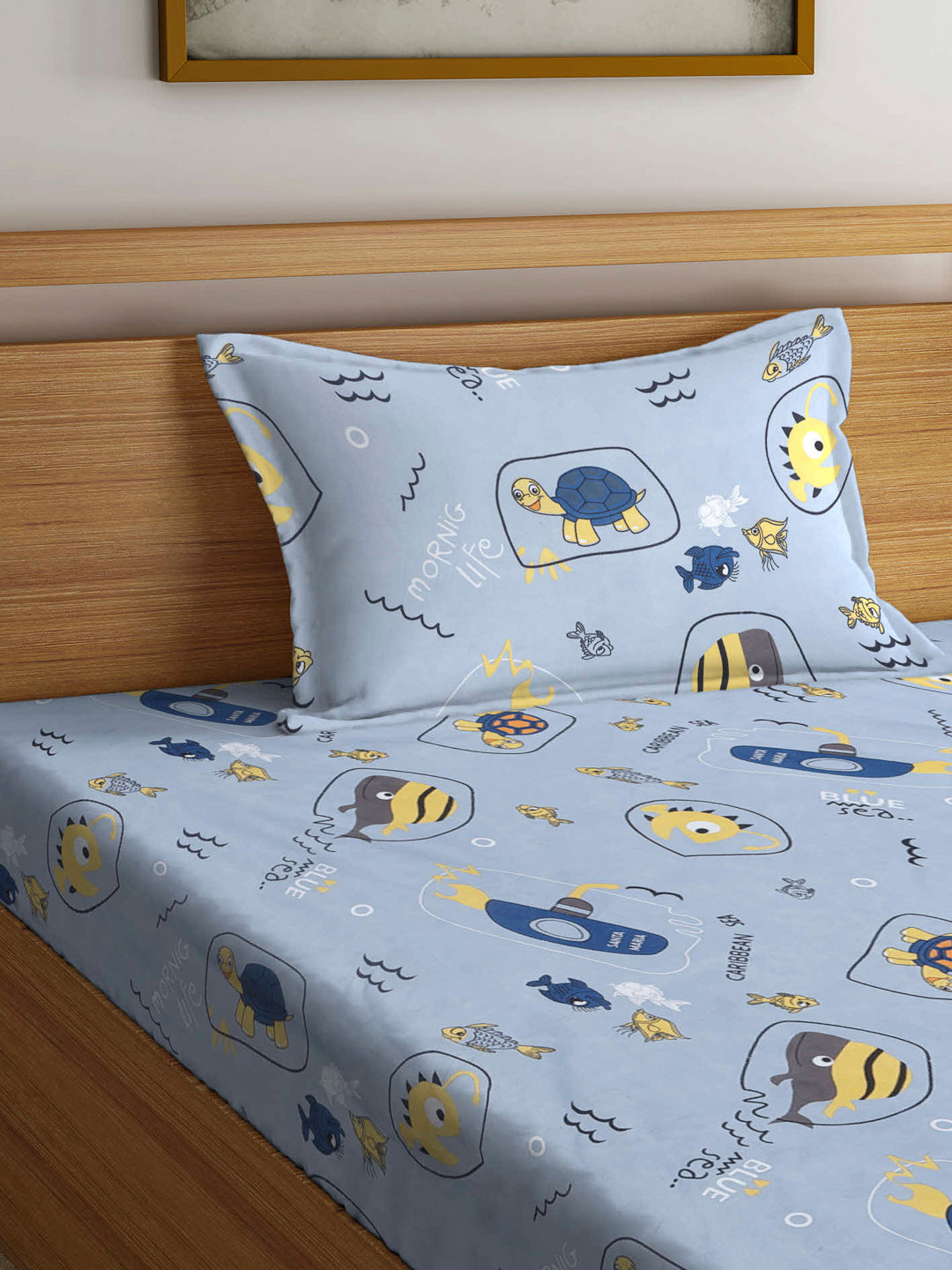 Arrabi Grey Cartoon TC Cotton Blend Single Size Bedsheet with 1 Pillow Cover (220 X 150 cm)