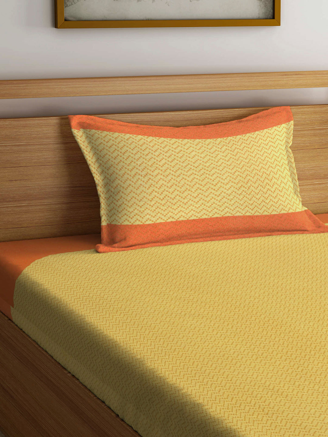 Arrabi Orange Stripes Handwoven Cotton Single Size Bedsheet with 1 Pillow Cover ( 225 X 150 cm)