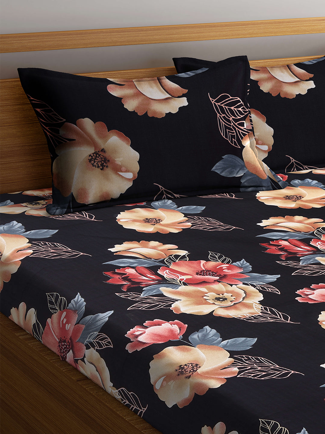 Arrabi Black Floral TC Polycotton Double Size Bedsheet with 2 Pillow Cover (255 x 225 cm)