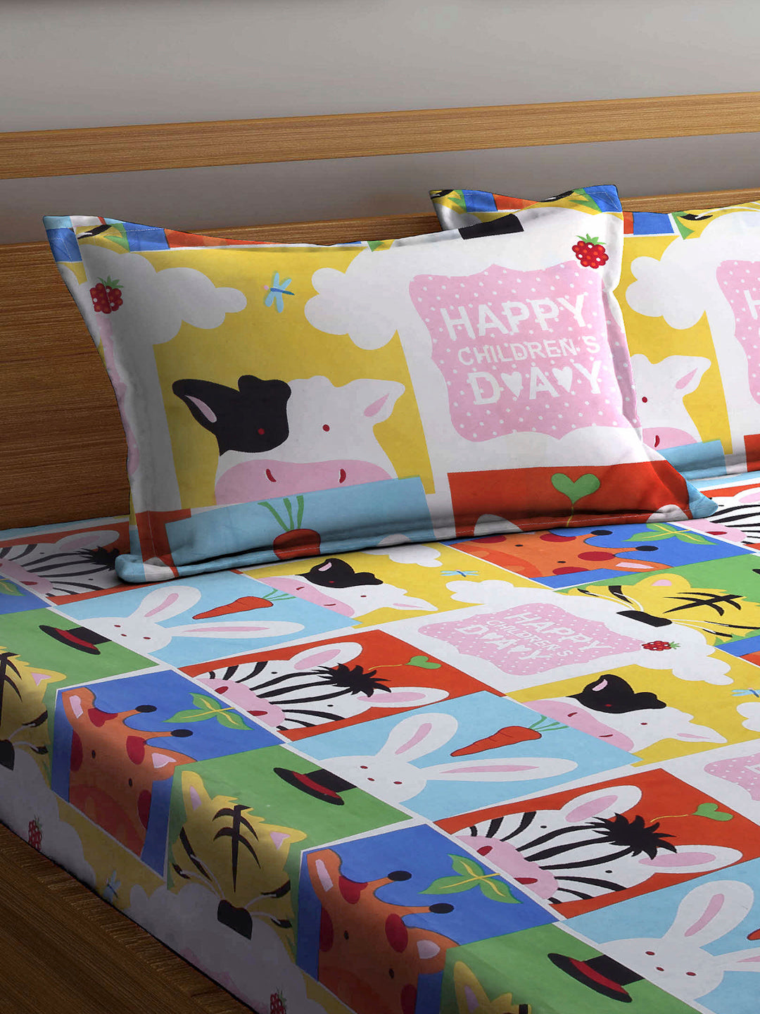 Arrabi Multi Cartoon TC Cotton Blend Double Size Bedsheet with 2 Pillow Cover