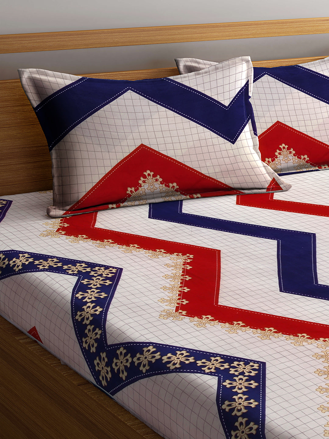 Arrabi Beige Geometric TC Cotton Blend Double Size Fitted Bedsheet with 2 Pillow Cover ( 250 x 225 cm)