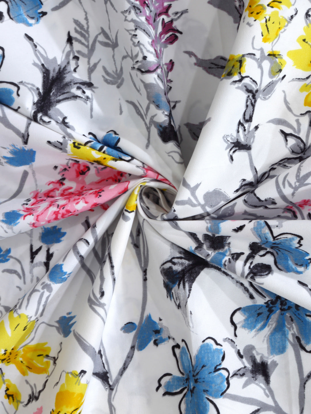 Arrabi White Floral TC Cotton Blend King Size Fitted Bedsheet with 2 Pillow Covers(250 X 215 Cm )