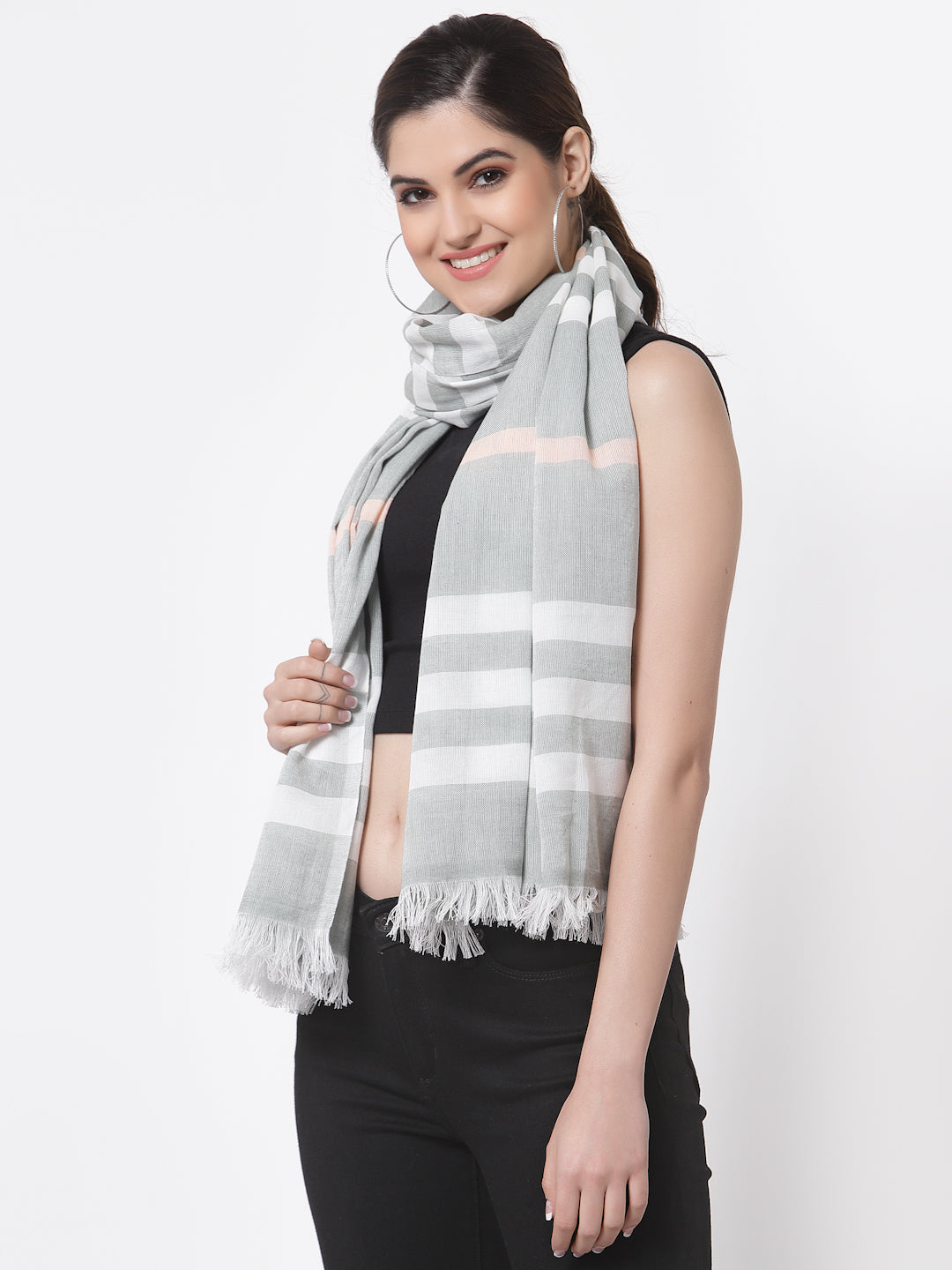 Arrabi Grey Stripes Handwoven Cotton Full Size Stole (185 x 85 cm)