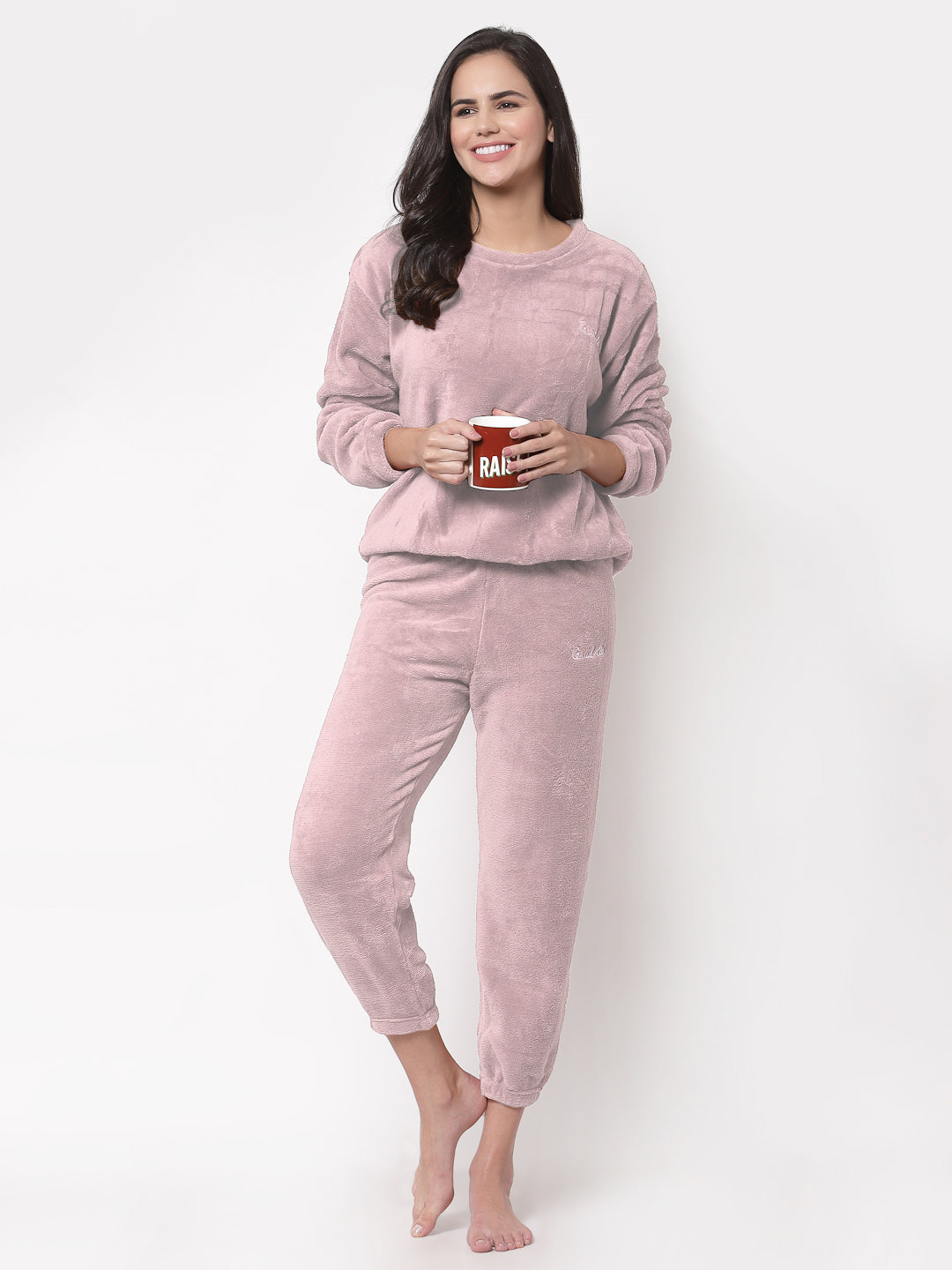 Arrabi Women LightPink Wool Blend Solid Winter Night Suit