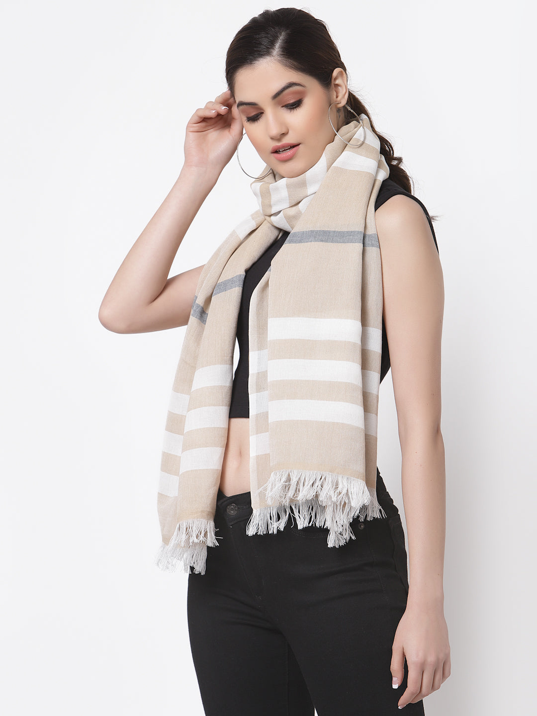 Arrabi Brown Stripes Handwoven Cotton Full Size Stole (185 x 85 cm)