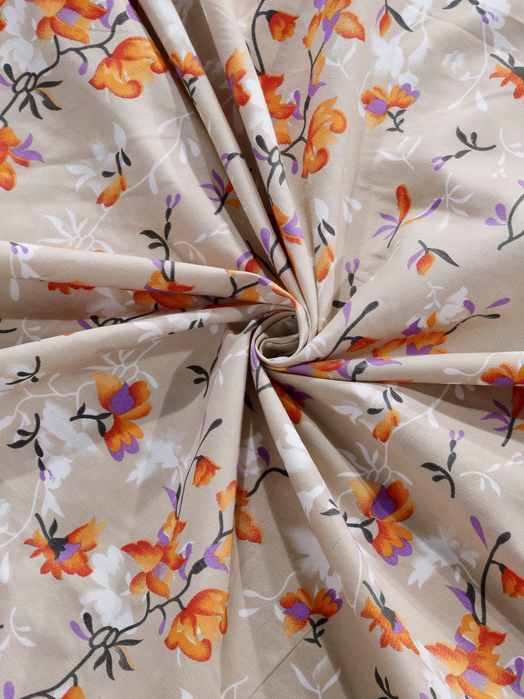Arrabi Beige Floral TC Cotton Blend Single Size Fitted Bedsheet with 1 Pillow Cover (220 X 150 cm)