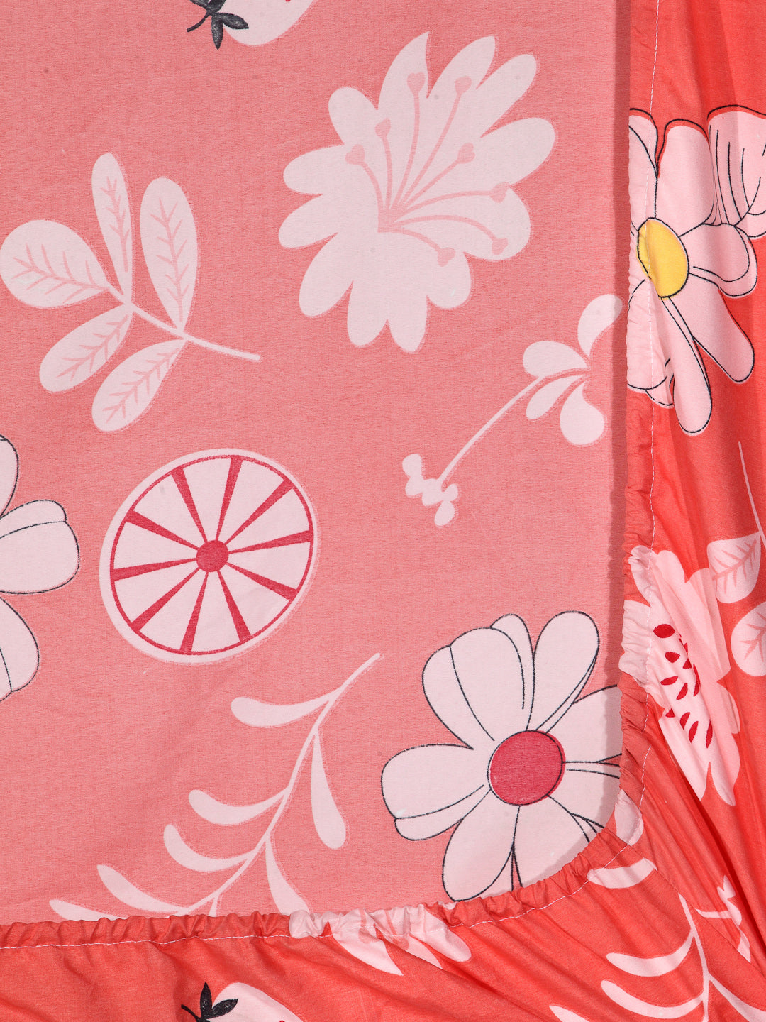 Arrabi Orange Floral TC Cotton Blend Double Size Fitted Bedsheet with 2 Pillow Cover ( 250 x 225 cm)