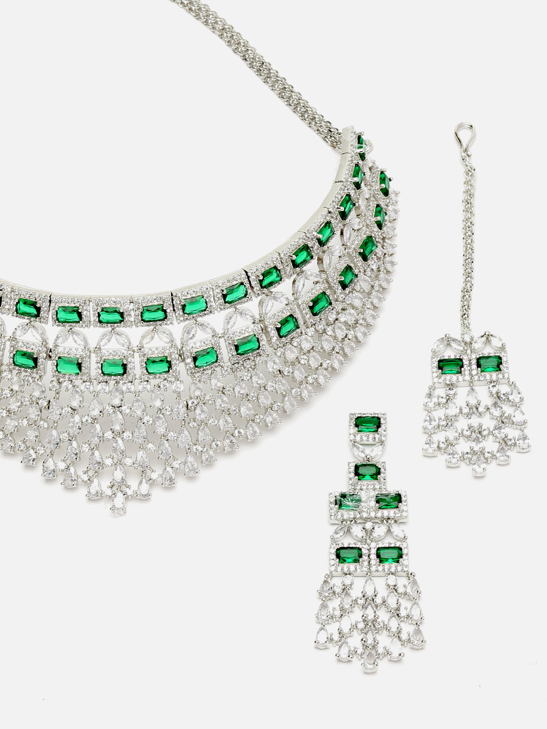 Arrabi Green American Diamond Jewellery Set with 2 Earrings and Tika(30 cm)