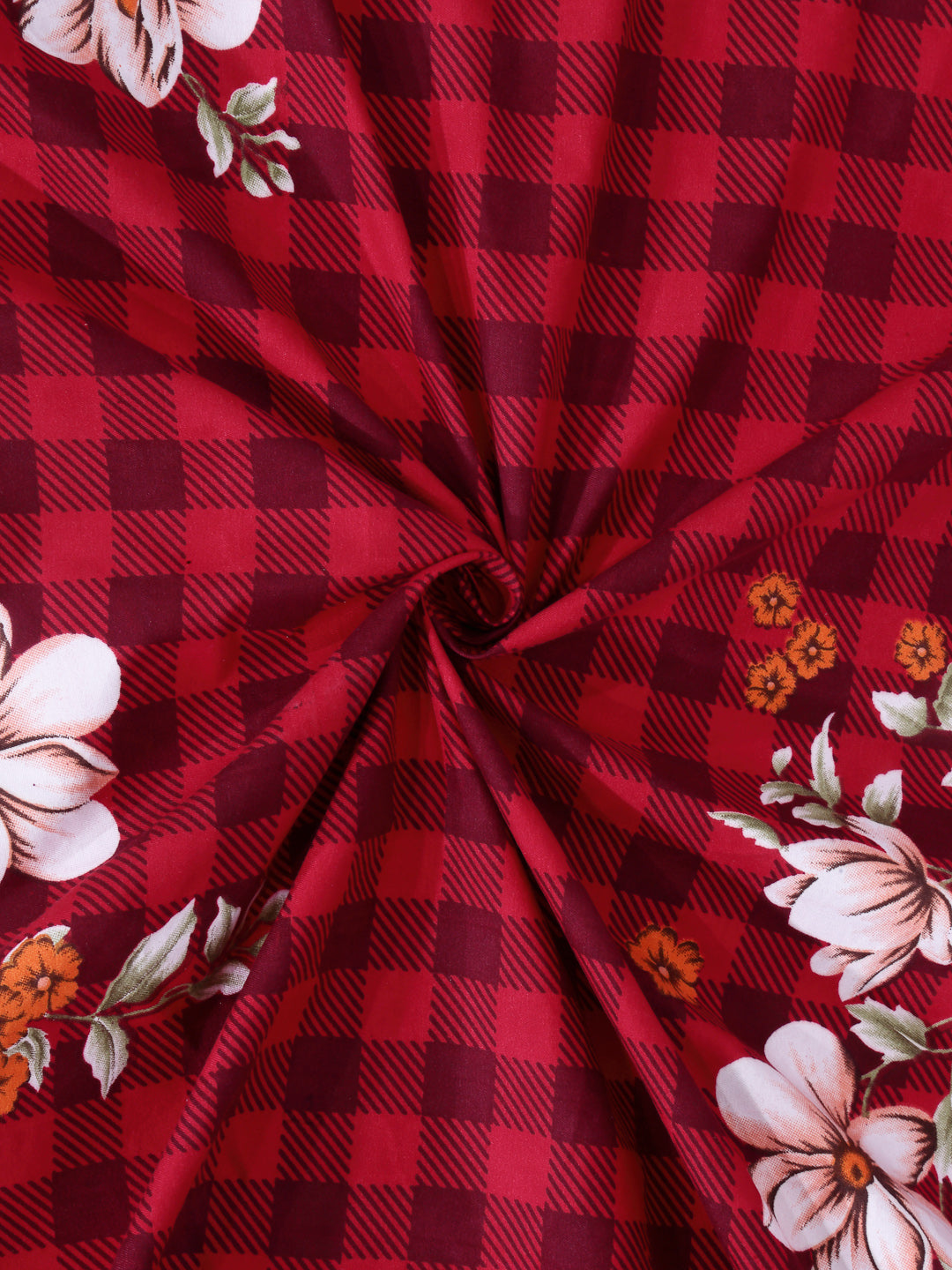 Arrabi Red Floral TC Cotton Blend Single Size Fitted Bedsheet with 1 Pillow Cover (220 X 150 cm)