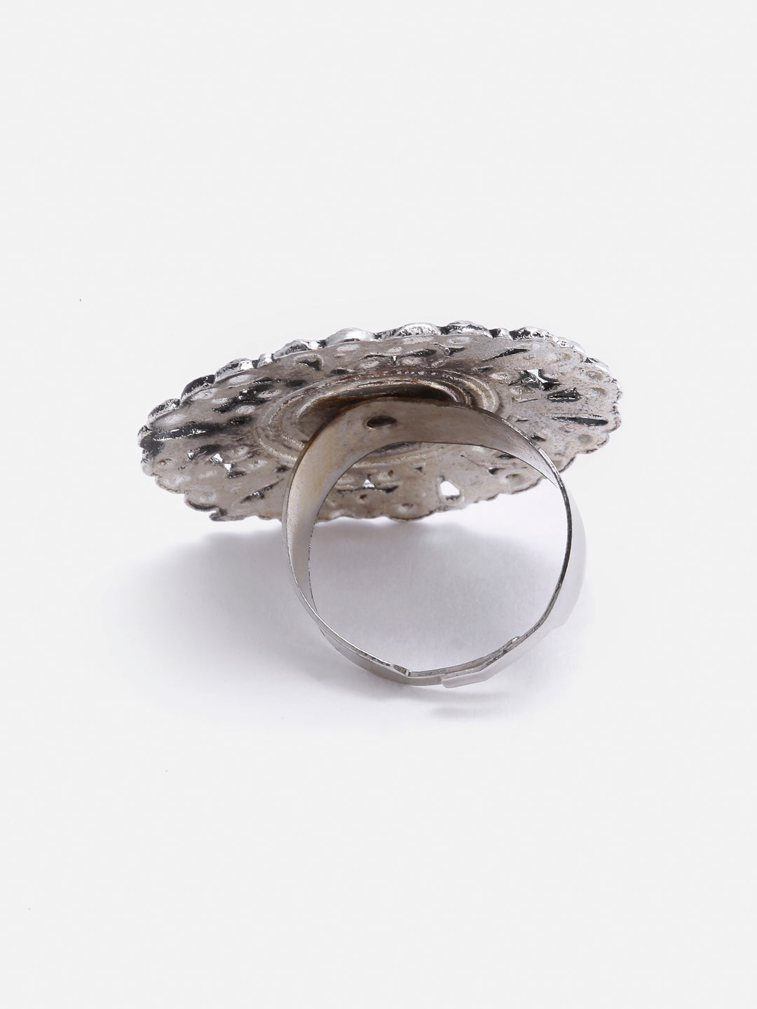 Arrabi Metallic Oxidised Jewellery Set with 2 Earrings and 1 Ring (40 cm)