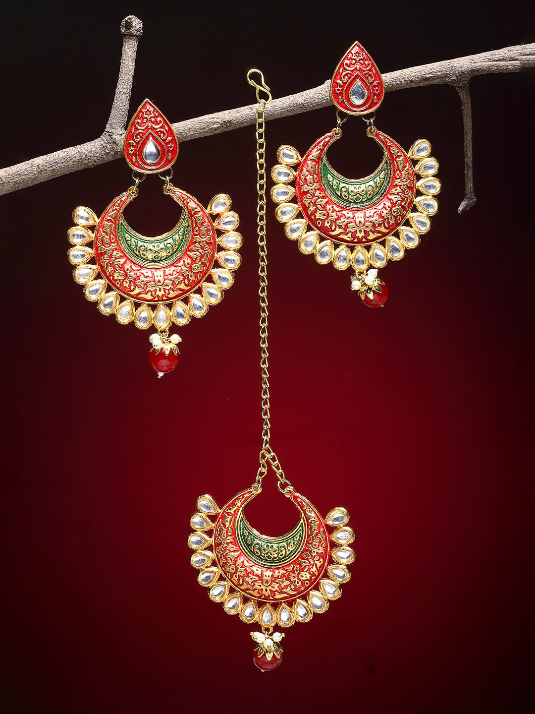 Arrabi Multi Oxidised Kundan Studded Maang Tika & Earrings Set (17 cm)