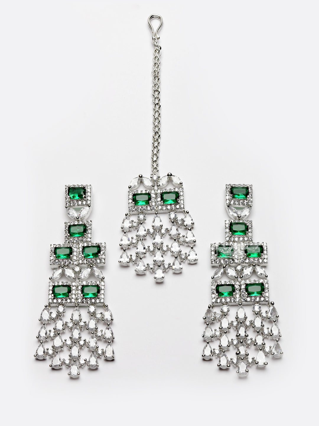 Arrabi Green American Diamond Jewellery Set with 2 Earrings and Tika(30 cm)