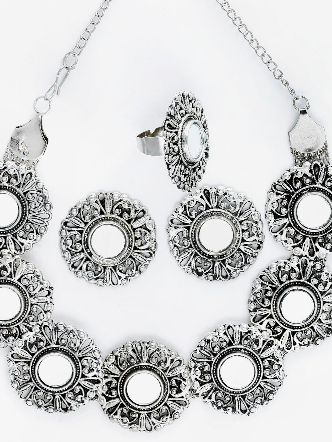 Arrabi Metallic Oxidised Jewellery Set with 2 Earrings and 1 Ring (40 cm)