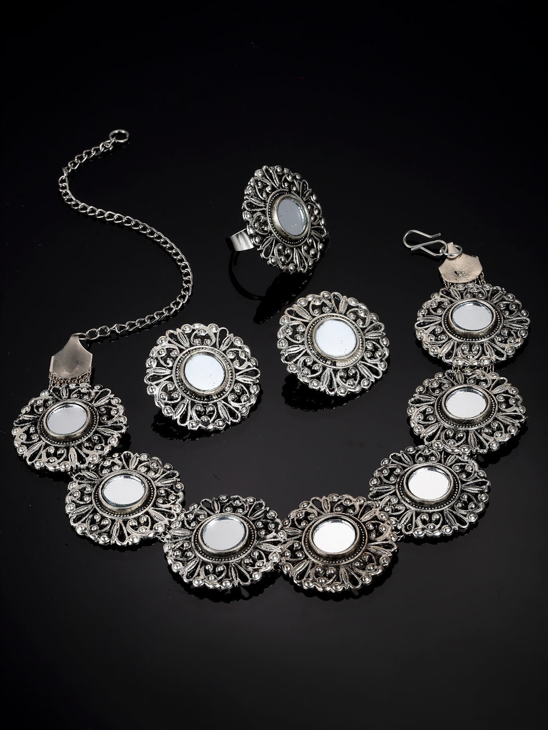 Arrabi Metallic Oxidised Jewellery Set with 2 Earrings and 1 Ring (40 cm)