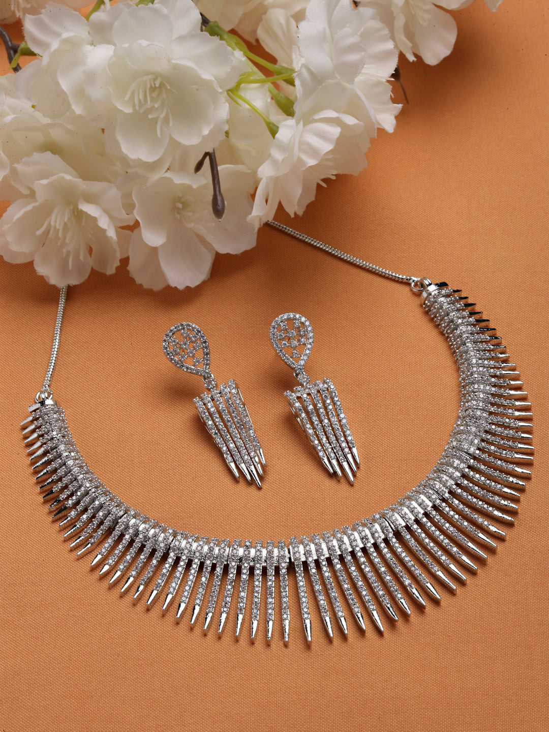 Arrabi Silver American Diamond Jewellery Set with 2 Earrings(30 cm)