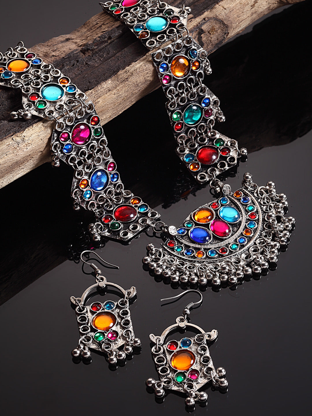 Arrabi Multi Meenakari Jewellery Set with 2 Earrings (30 cm)
