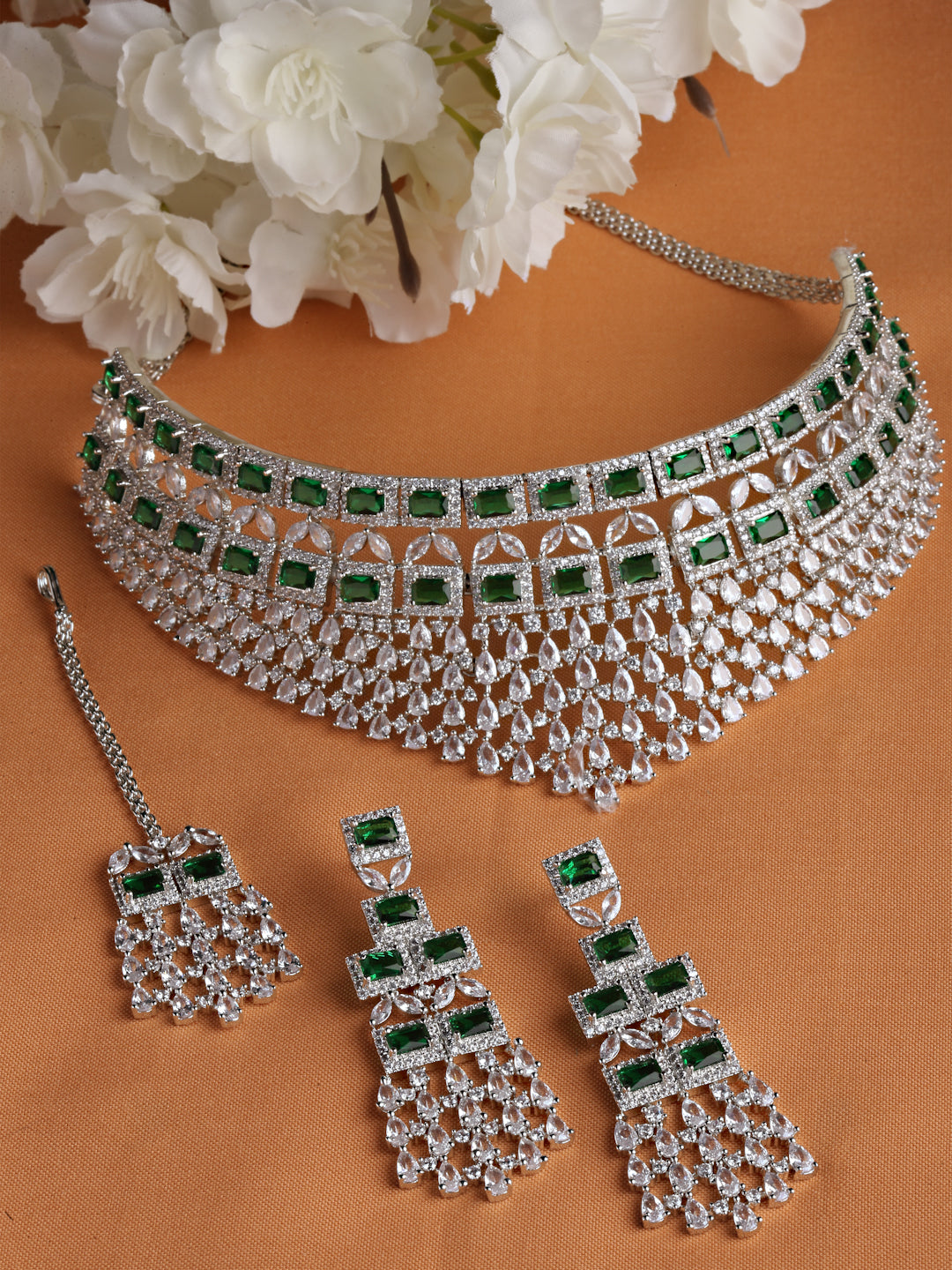Arrabi Green American Diamond Jewellery Set with 2 Earrings and Tika(30 cm)